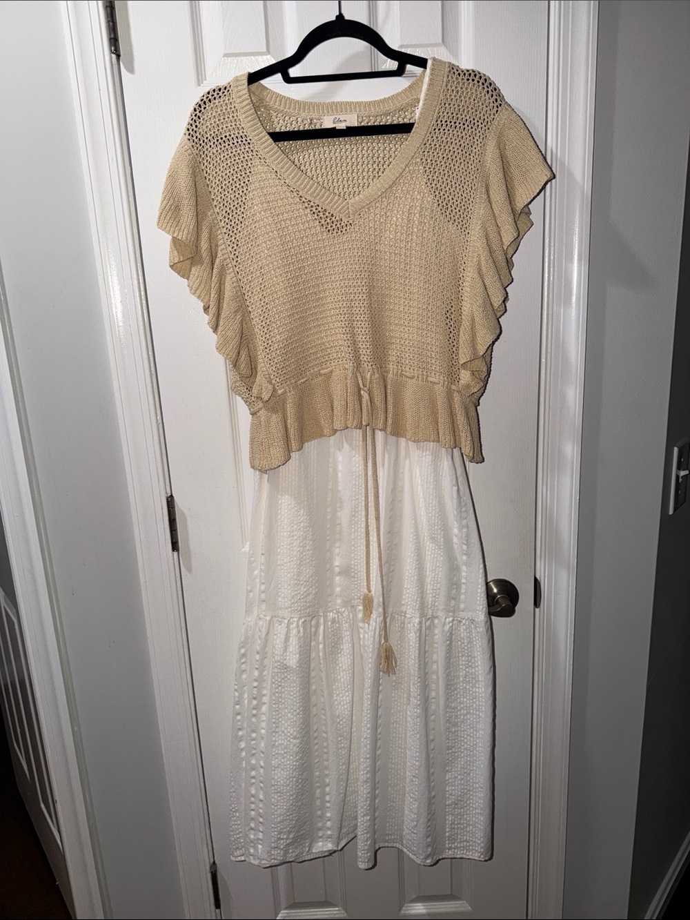 Elan Two Piece white dress with neutral khaki removable vest - Picture 1 of 9